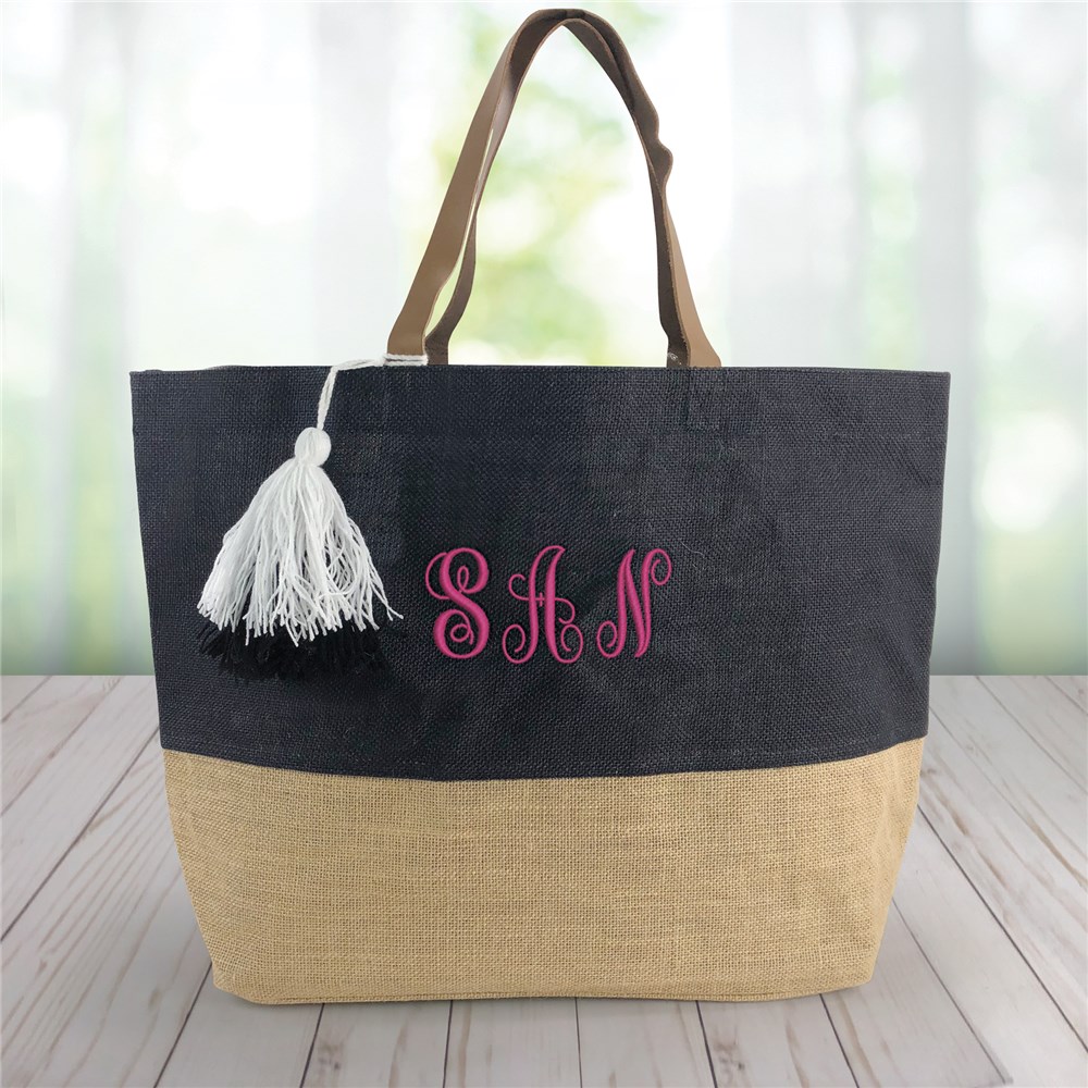 Embroidered Initials Color Block Jute Tote Bag | GiftsForYouNow