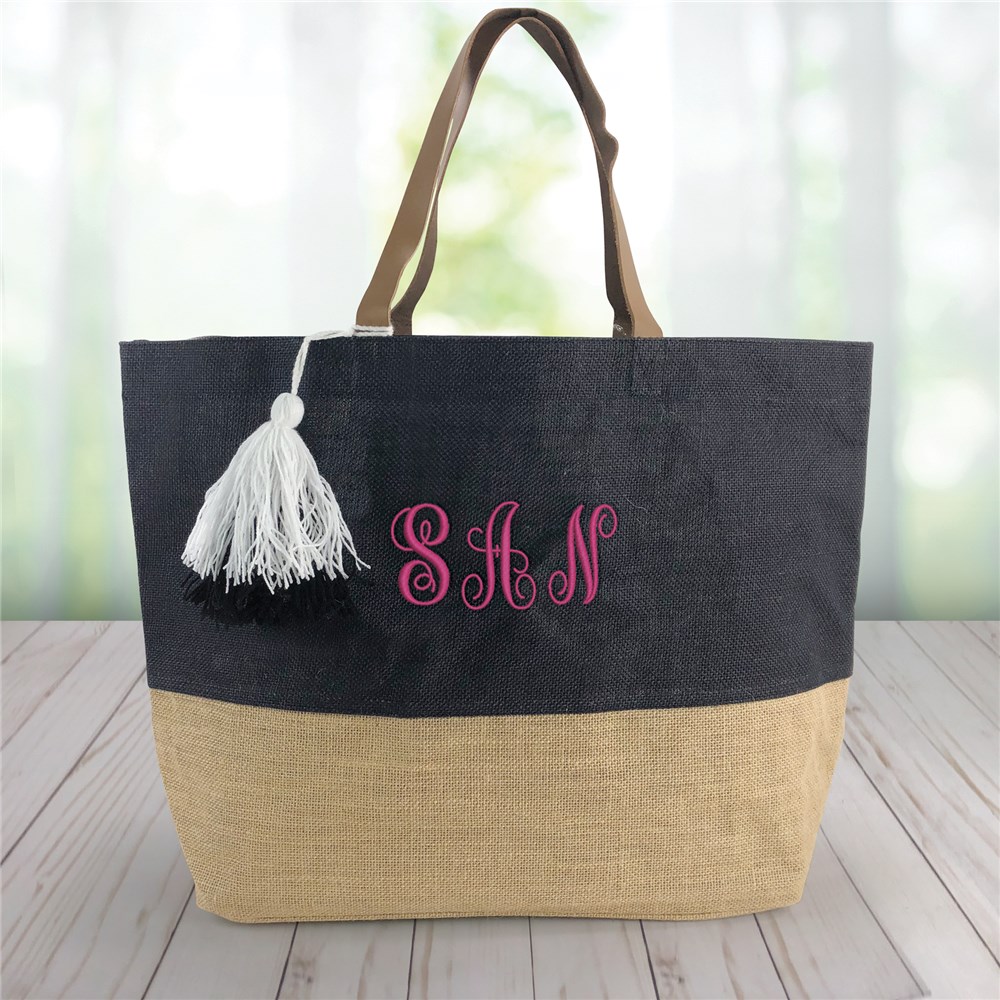 Embroidered Initials Color Block Jute Tote Bag GiftsForYouNow
