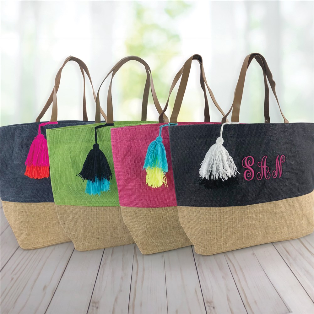 Embroidered Initials Color Block Jute Tote Bag GiftsForYouNow