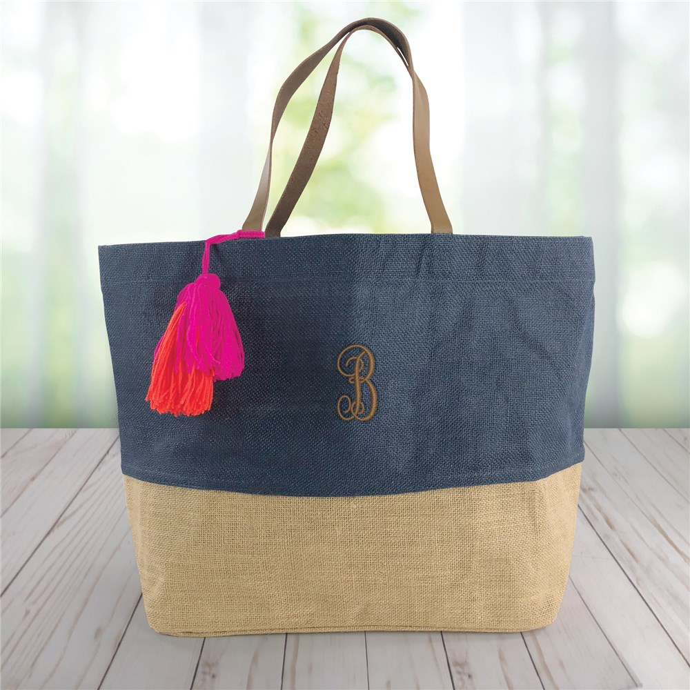 Embroidered Initials Color Block Jute Tote Bag GiftsForYouNow