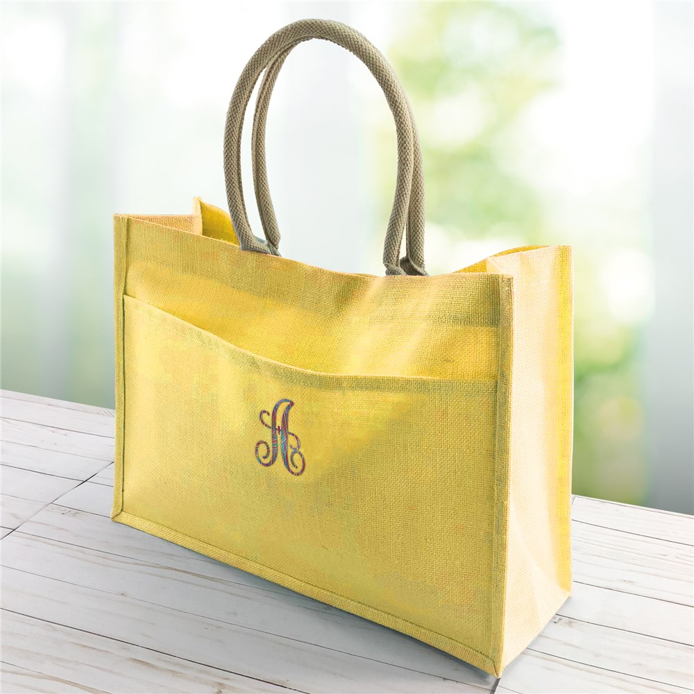 Embroidered Initials Jute Tote Bag with Rainbow Thread