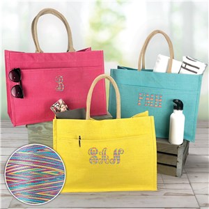 Embroidered Initials Jute Tote Bag with Rainbow Thread