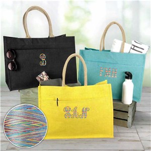 Embroidered Initials Jute Tote Bag with Rainbow Thread