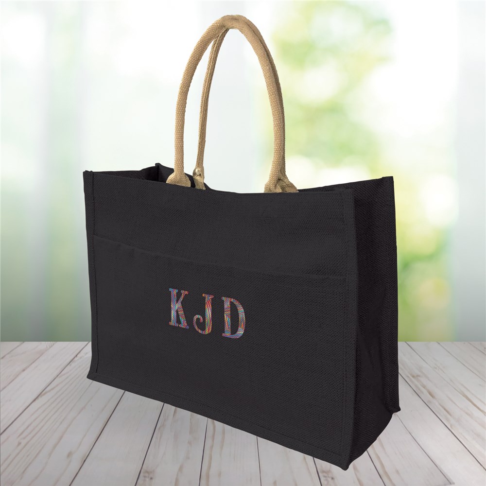 Embroidered Initials Jute Tote Bag with Rainbow Thread