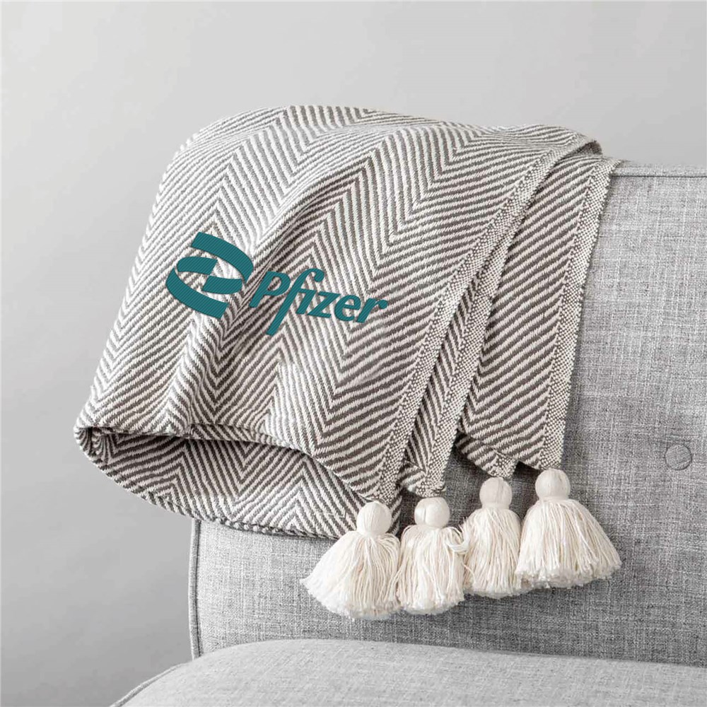 Embroidered Corporate Herringbone Pom Pom Throw Blanket