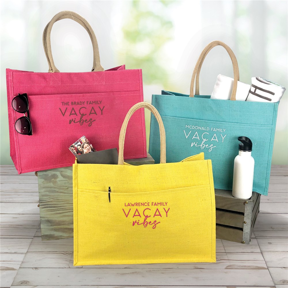 Embroidered Family Vacay Vibes Jute Tote Bag E18168413X