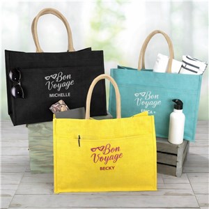 Embroidered Bon Voyage Jute Tote Bag E18169413X