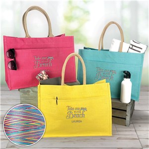 Embroidered Take Me to the Beach Jute Tote Bag with Rainbow Thread E18170413RX
