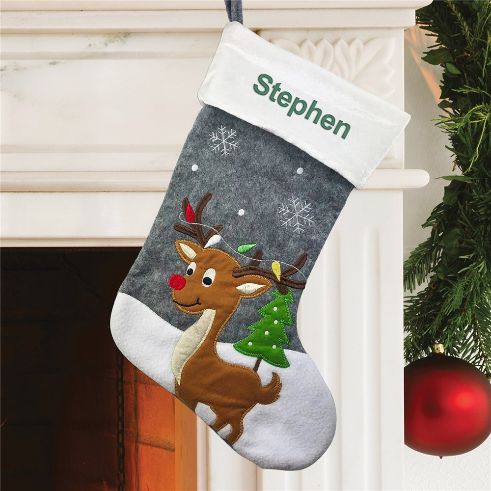 Embroidered Gray Reindeer Stocking