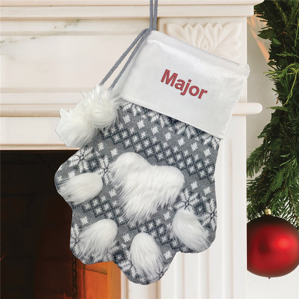 Embroidered Gray Paw Print Stocking