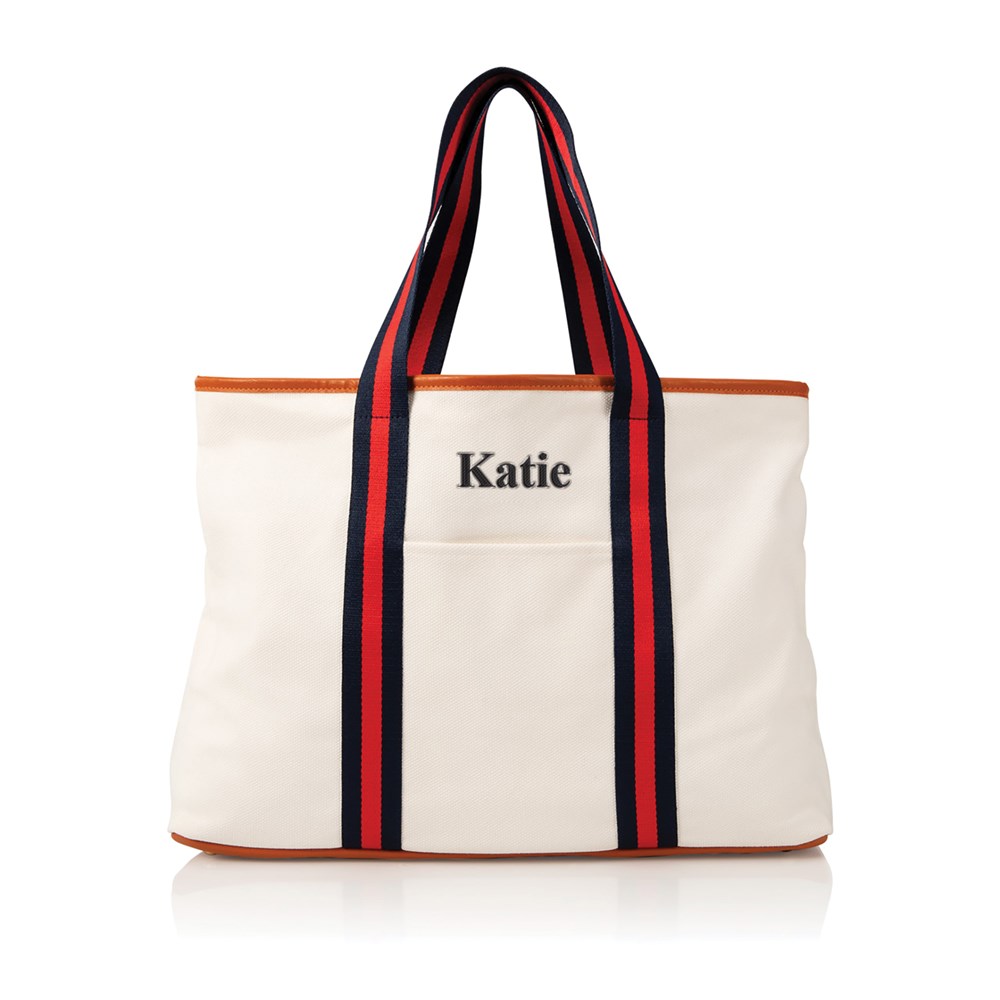 White And Black Canvas Tote Embroidered with Name
