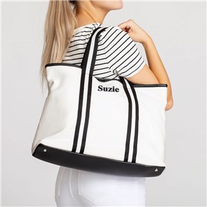 White And Black Canvas Tote Embroidered with Name