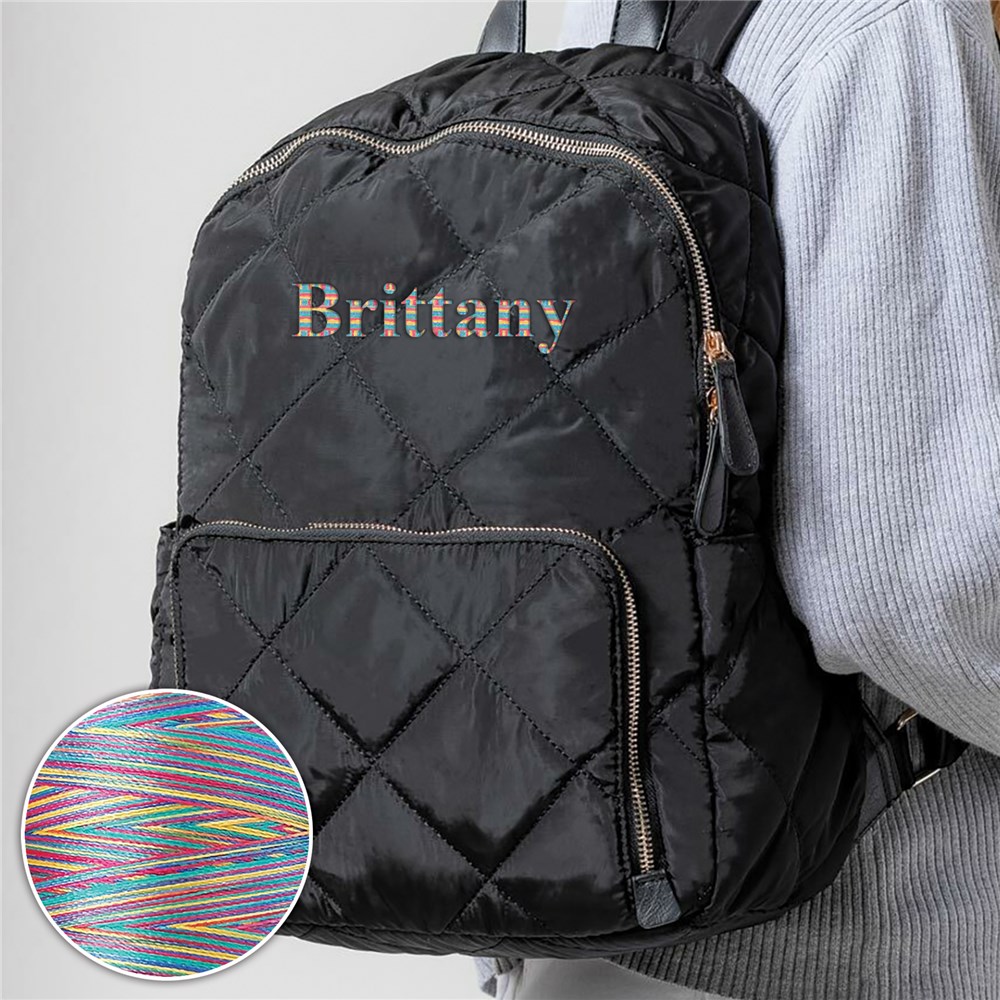 Embroidered Name Quilted Nylon Backpack with Rainbow Thread