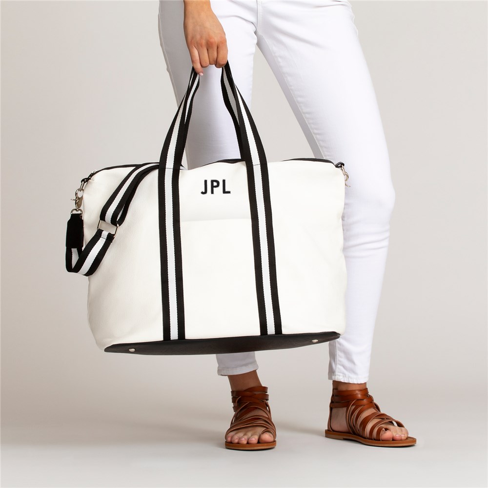 Embroidered Initials White And Black Canvas Weekender E19086537BW