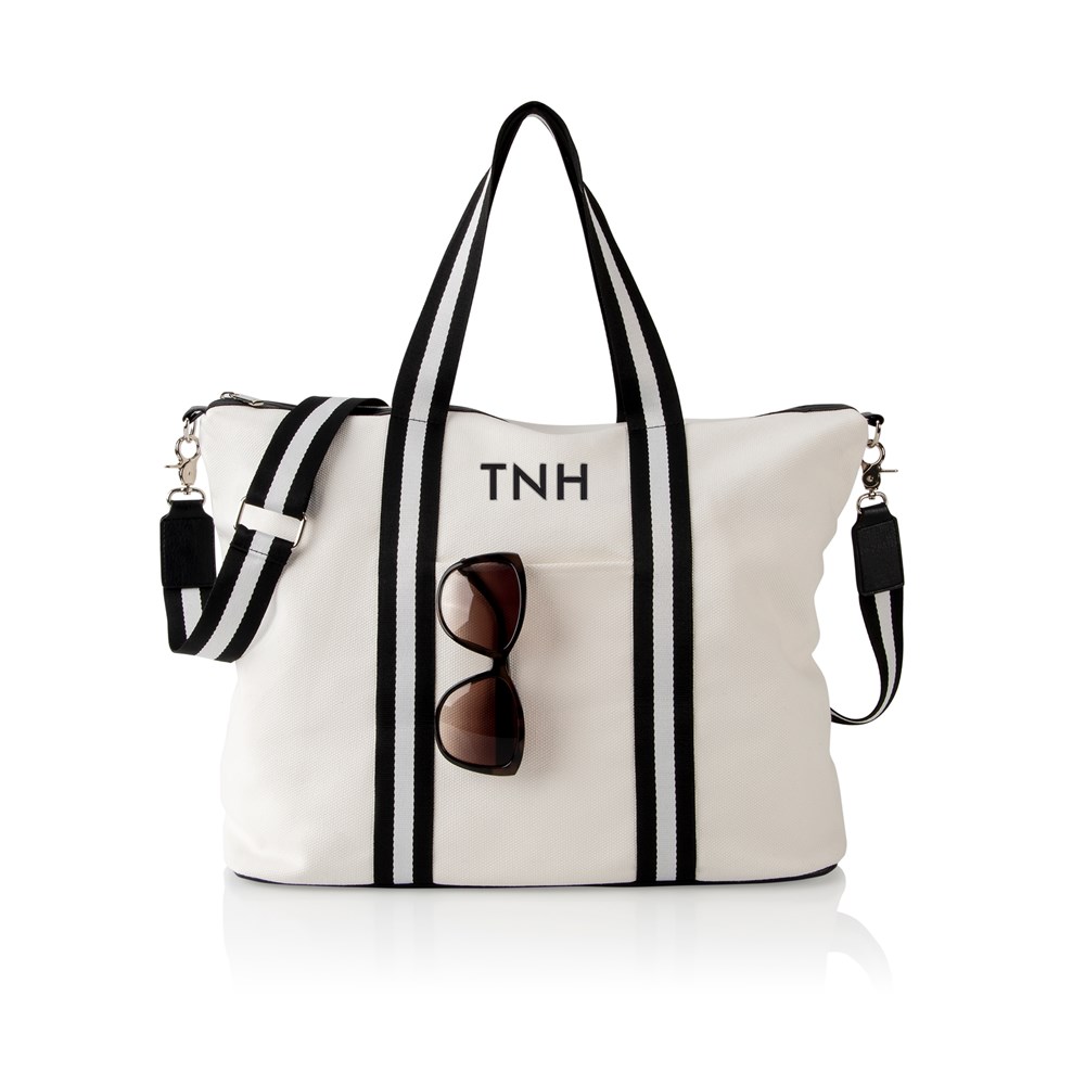 Embroidered Initials White And Black Canvas Weekender E19086537BW