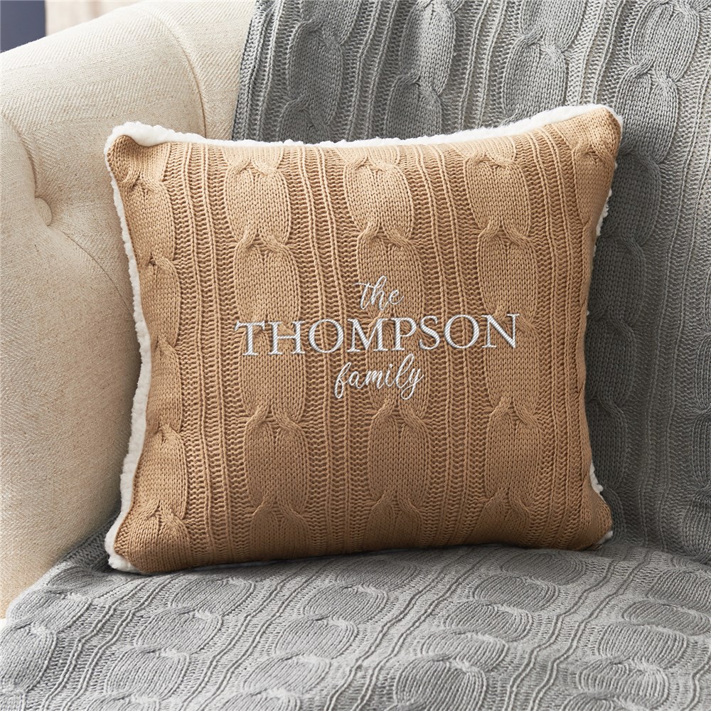 Embroidered Family Name Cable Knit Throw Pillow  E21599417X