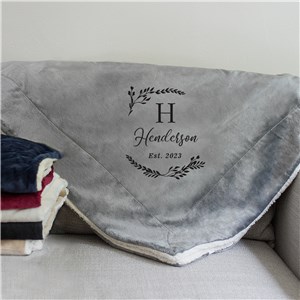 Embroidered Family Name Initial Wreath Sherpa Blanket E21601184X