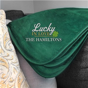 Embroidered Lucky In Love Green Fleece Blanket E22207317GN