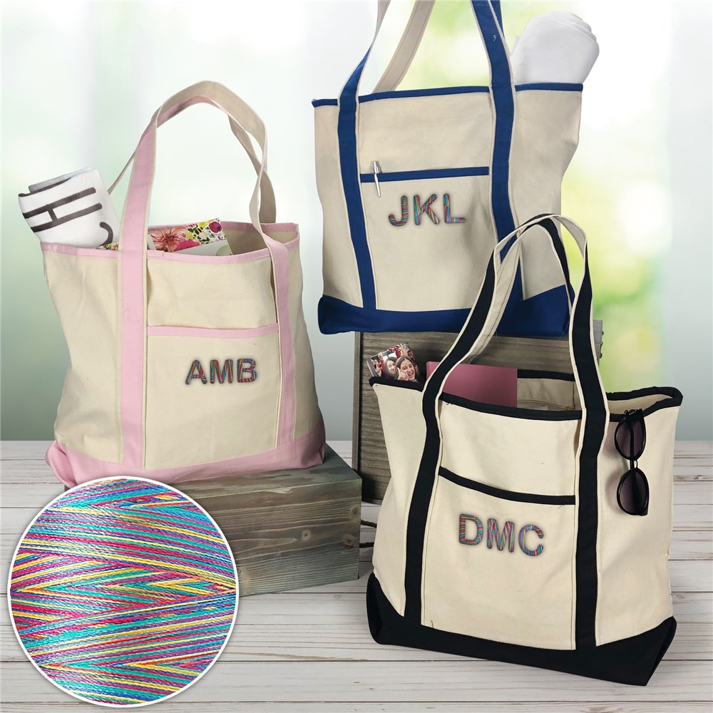 Embroidered Initials Canvas Tote Bag with Rainbow Thread