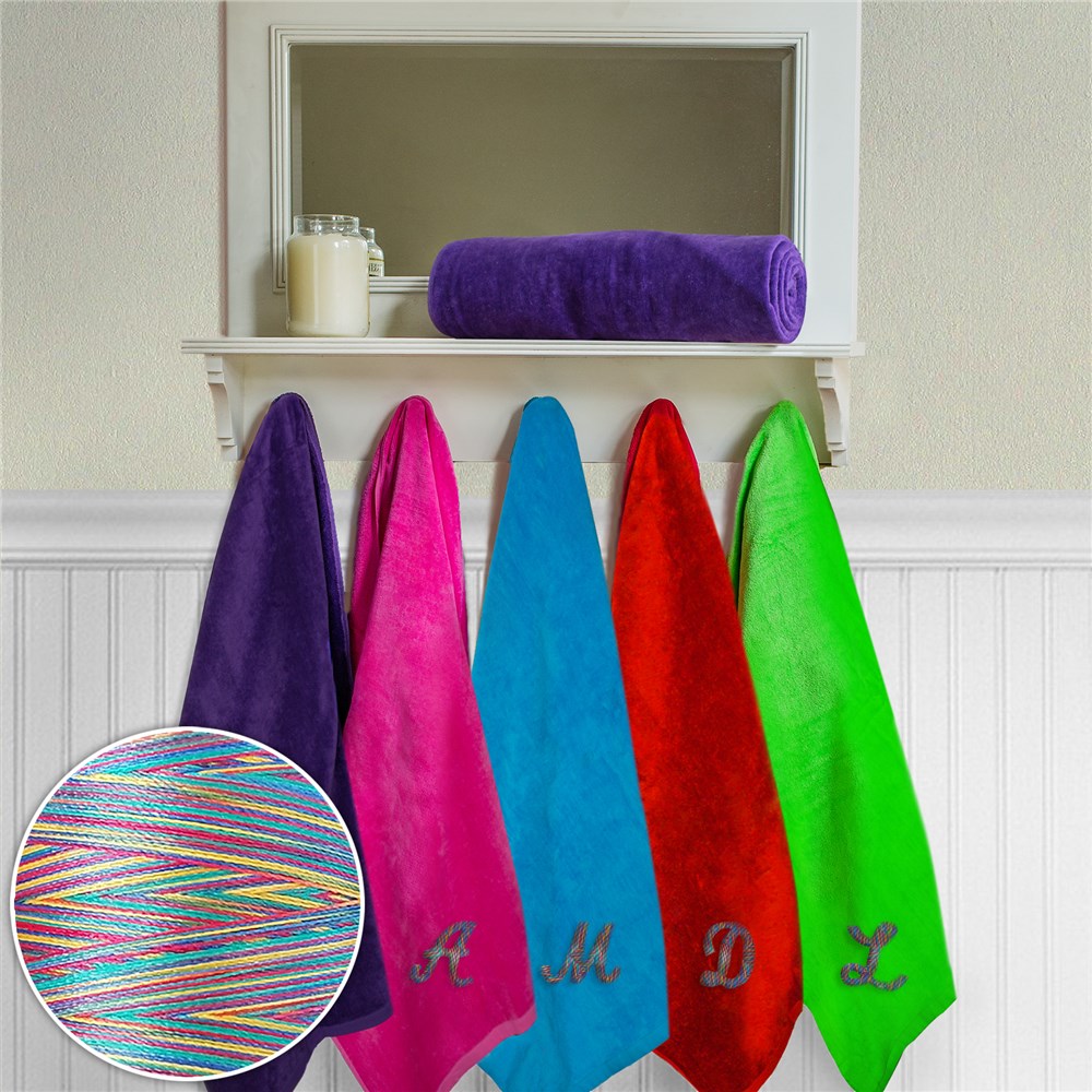 Embroidered Beach Towel with Initial in Rainbow Thread