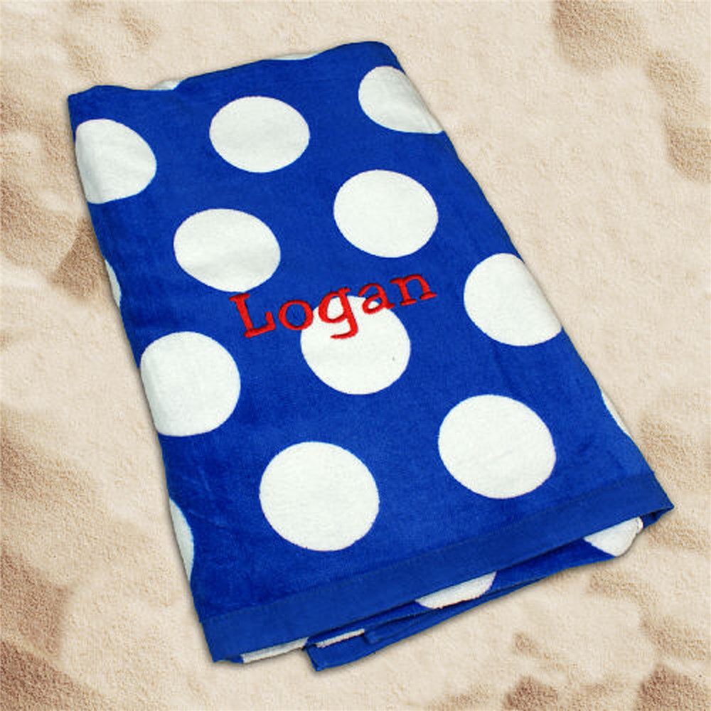 Embroidered Royal Blue Polka Dot Beach Towel E675482