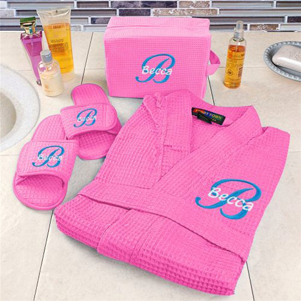 Embroidered Hot Pink Spa Gift Set | Embroidered Spa Robes
