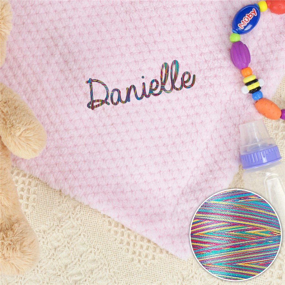 Personalized Pink Baby Girl Blanket with Rainbow Thread