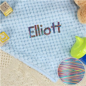 Personalized Blue Baby Boy Blanket with Rainbow Thread
