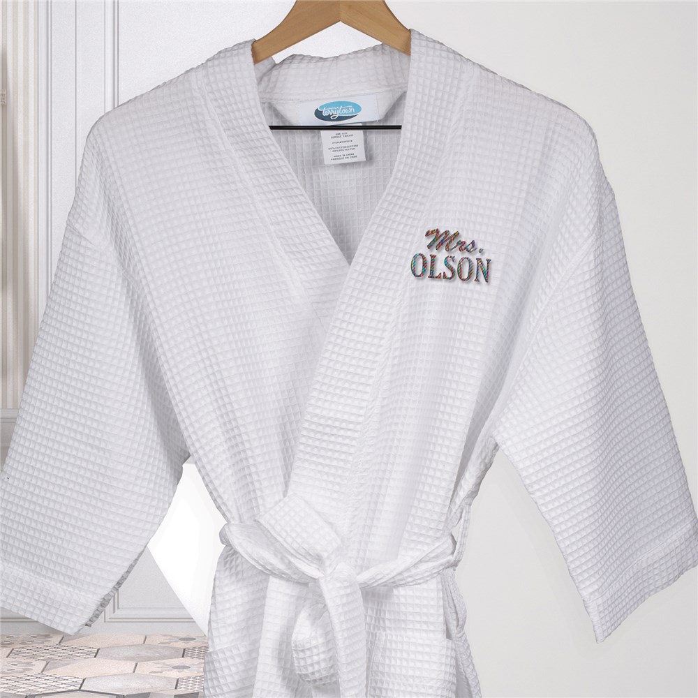 Embroidered Mrs Script Waffle Weave Robe with Rainbow Thread