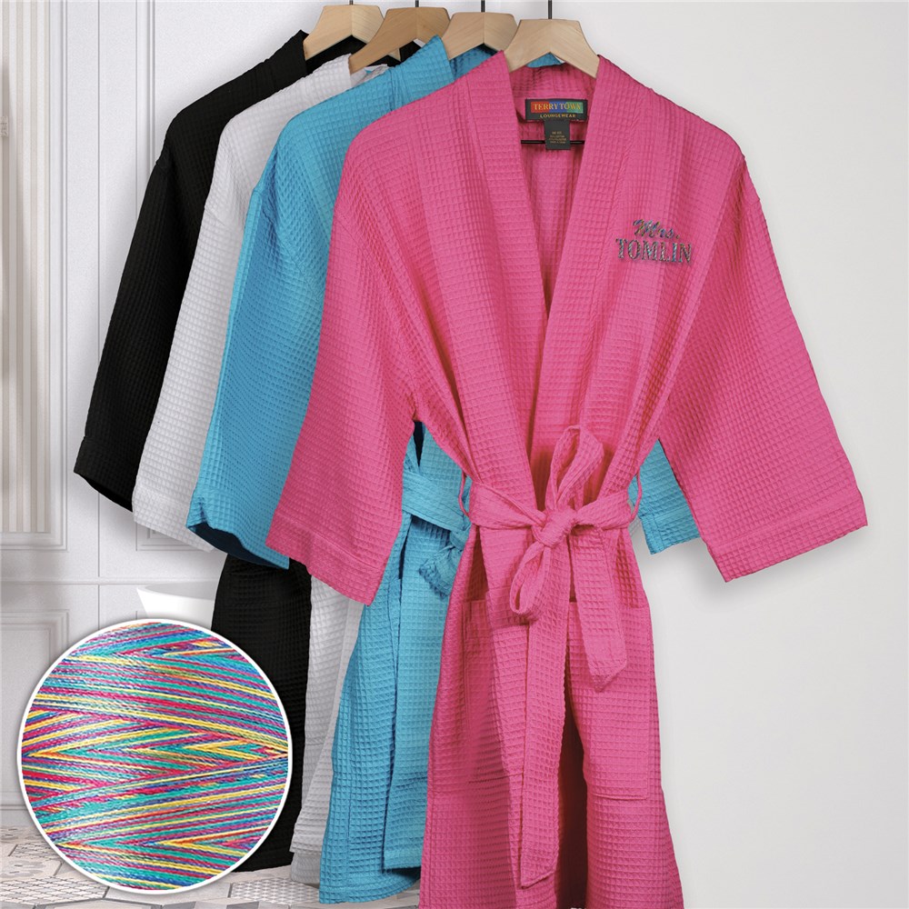 Embroidered Mrs Script Waffle Weave Robe with Rainbow Thread