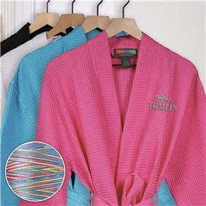 Embroidered Mrs Script Waffle Weave Robe with Rainbow Thread