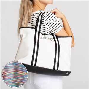 Embroidered Name Canvas Tote with Rainbow Thread