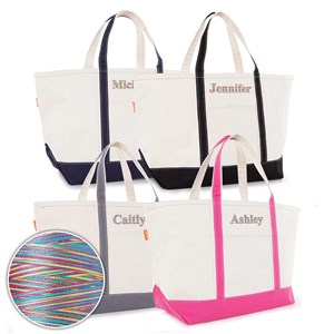 Embroidered Name Large Boat Tote with Rainbow Thread