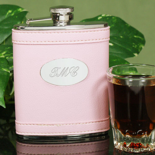 Pink Leather Personalized Flask