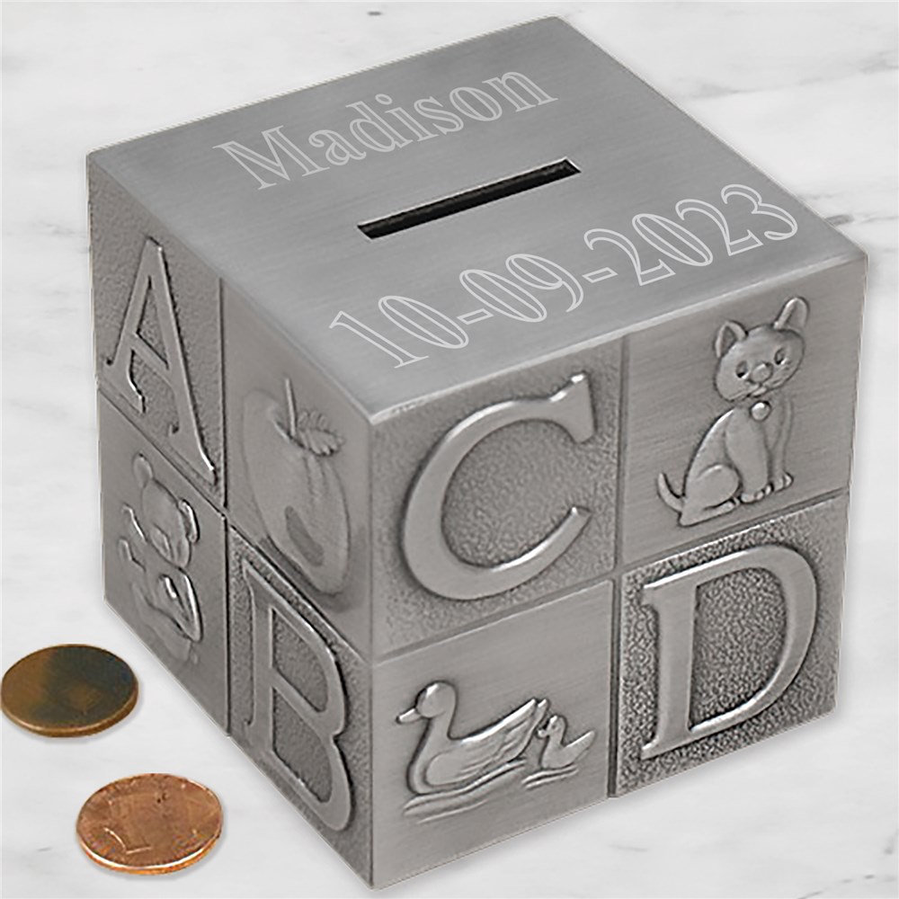 ABC Baby Silver Alpha Block Bank | Personalized Newborn Baby Gifts
