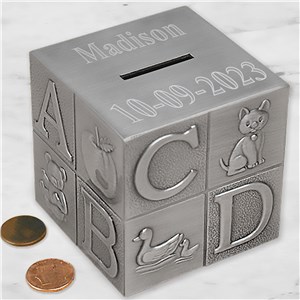 ABC Baby Silver Alpha Block Bank | Personalized Newborn Baby Gifts