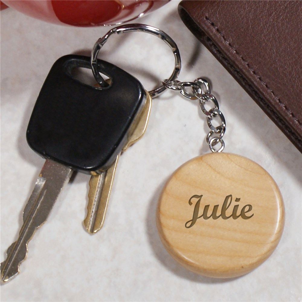 Engraved Name Wood Round Keychain | Personalized Gifts for Him