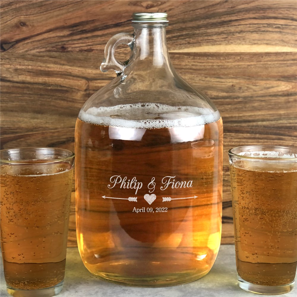 Engraved Arrows and Heart Wedding Glass Growler 