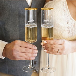 Engraved Mr & Mrs Gold Rim Champagne Flutes L10466371