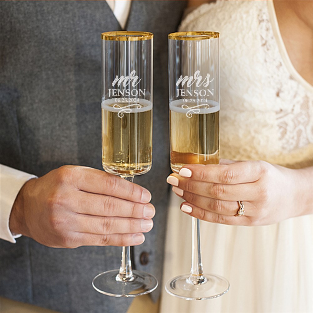 Engraved Mr. And Mrs. Champagne Glasses With Gold Rim