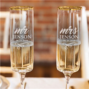 Engraved Mr & Mrs Gold Rim Champagne Flutes