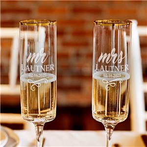 Engraved Mr & Mrs Gold Rim Champagne Flutes