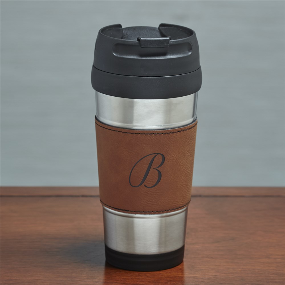 Engraved Single Initial Leatherette Travel Mug GiftsForYouNow