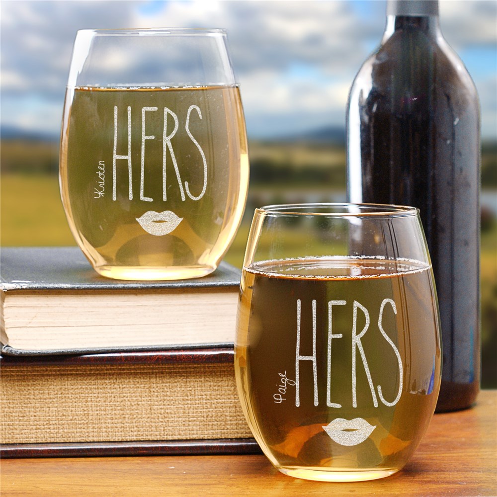 Engraved Hers & Hers Stemless Wine Glasses L1062995S2
