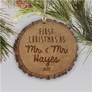 Engraved First Mr. & Mrs. Rustic Wood Ornament | Wedding Ornaments