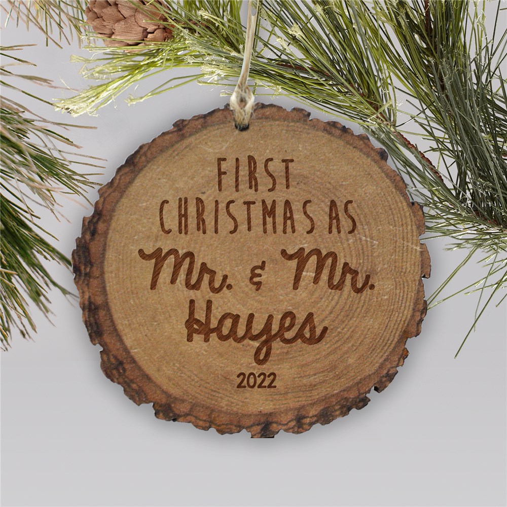 Mr. & Mrs. First Married Christmas Rustic Wood Ornament