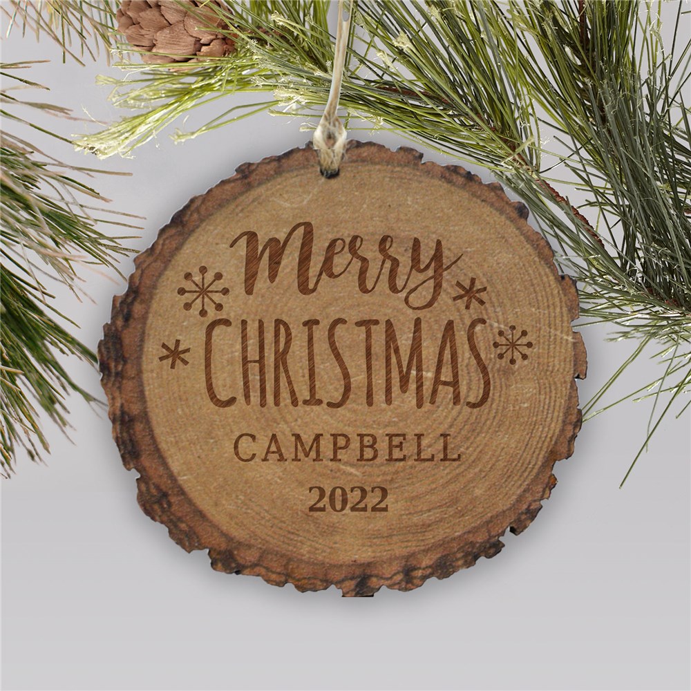 Engraved Merry Christmas Rustic Wood Ornament | Personalized Christmas Ornaments
