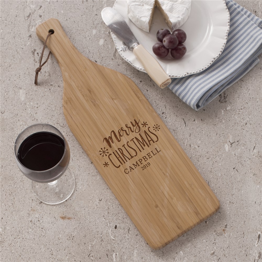 Merry Christmas Wine Bottle Cutting Board | Engraved Cutting Board