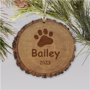 Engraved Paw Print Rustic Wood Ornament | Personalized Pet Ornaments