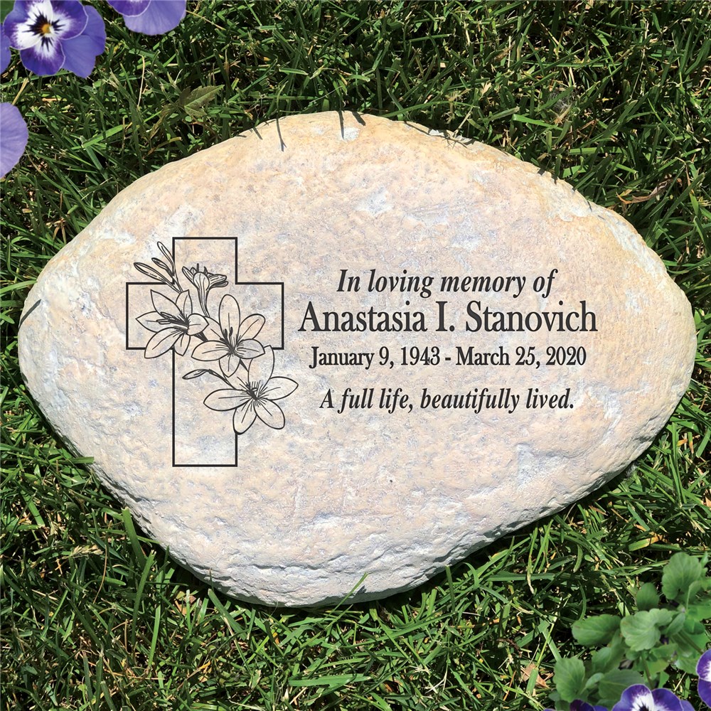 Engraved Floral Cross Memorial Garden Stone GiftsForYouNow
